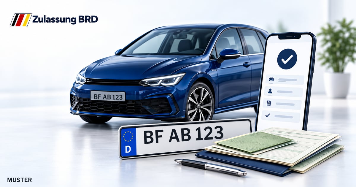 Online Fahrzeugzulassung in Mettingen: Musterkennzeichen BF AB 123, Auto und Fahrzeugpapiere und Smartphone. Illustration mit Logo von Zulassung BRD.